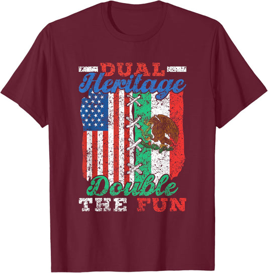Double Heritage Double Fun USA Mexican American T-Shirt - T-Shirt | Maroon