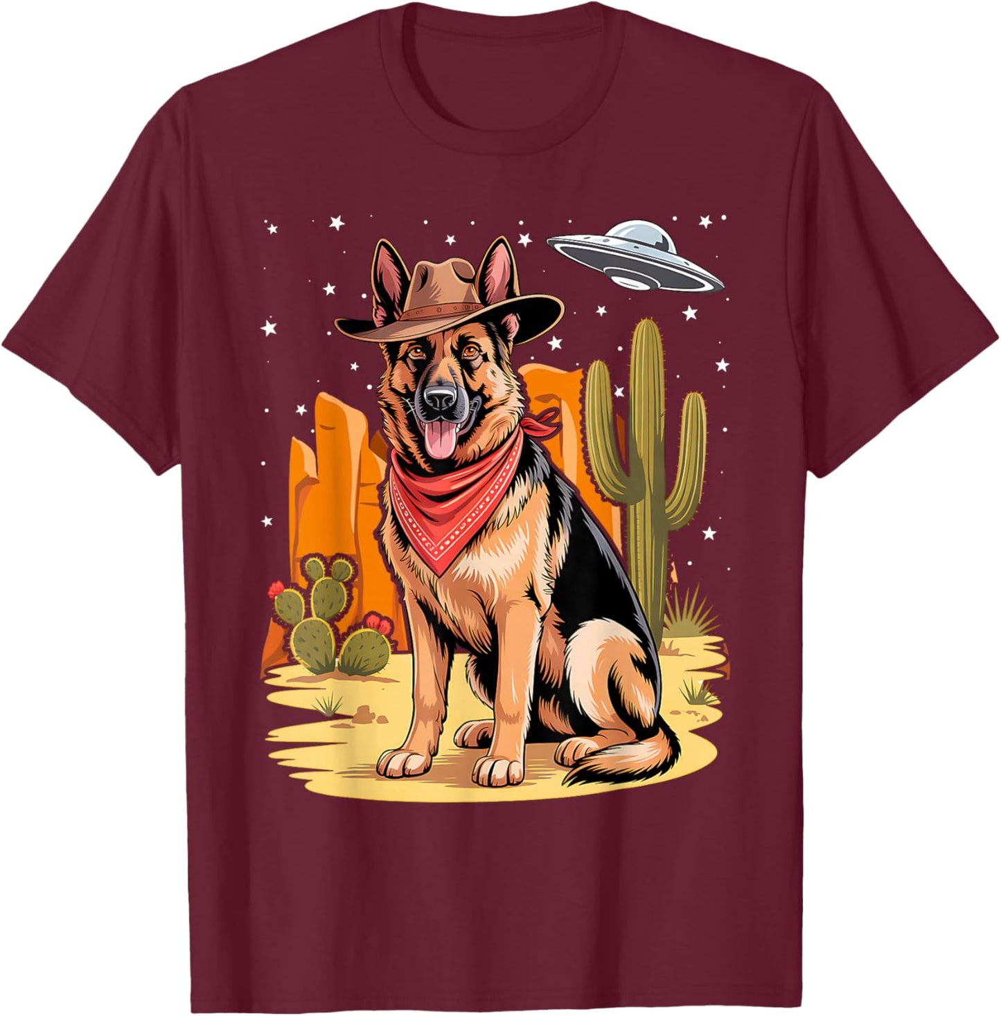 Western German Shepherd UFO Dog Alien Cowboy GSD Ranch T-Shirt - T-Shirt | Maroon