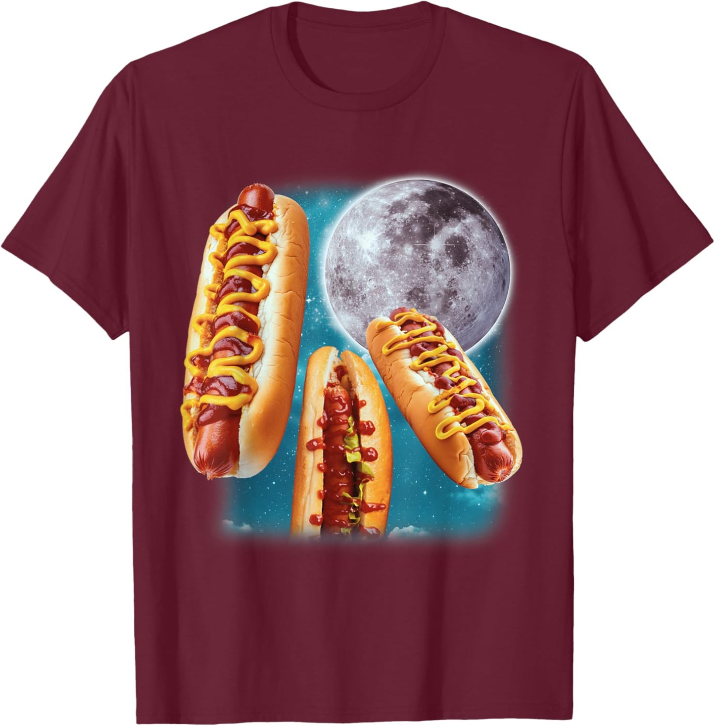 Three Hot Dogs Glizzy Moon Howling Funny Meme T-Shirt - T-Shirt | Maroon