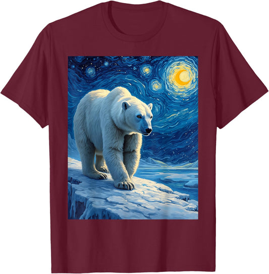 Van Gogh's Starry Night Polar Bear Ice Bear Animal Lovers T-Shirt - T-Shirt | Maroon