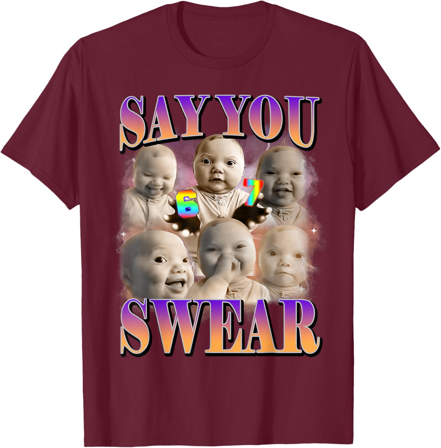 Say You Swear Ai Niche Baby Holding Back Laugh Genz Meme T-Shirt - T-Shirt | Maroon