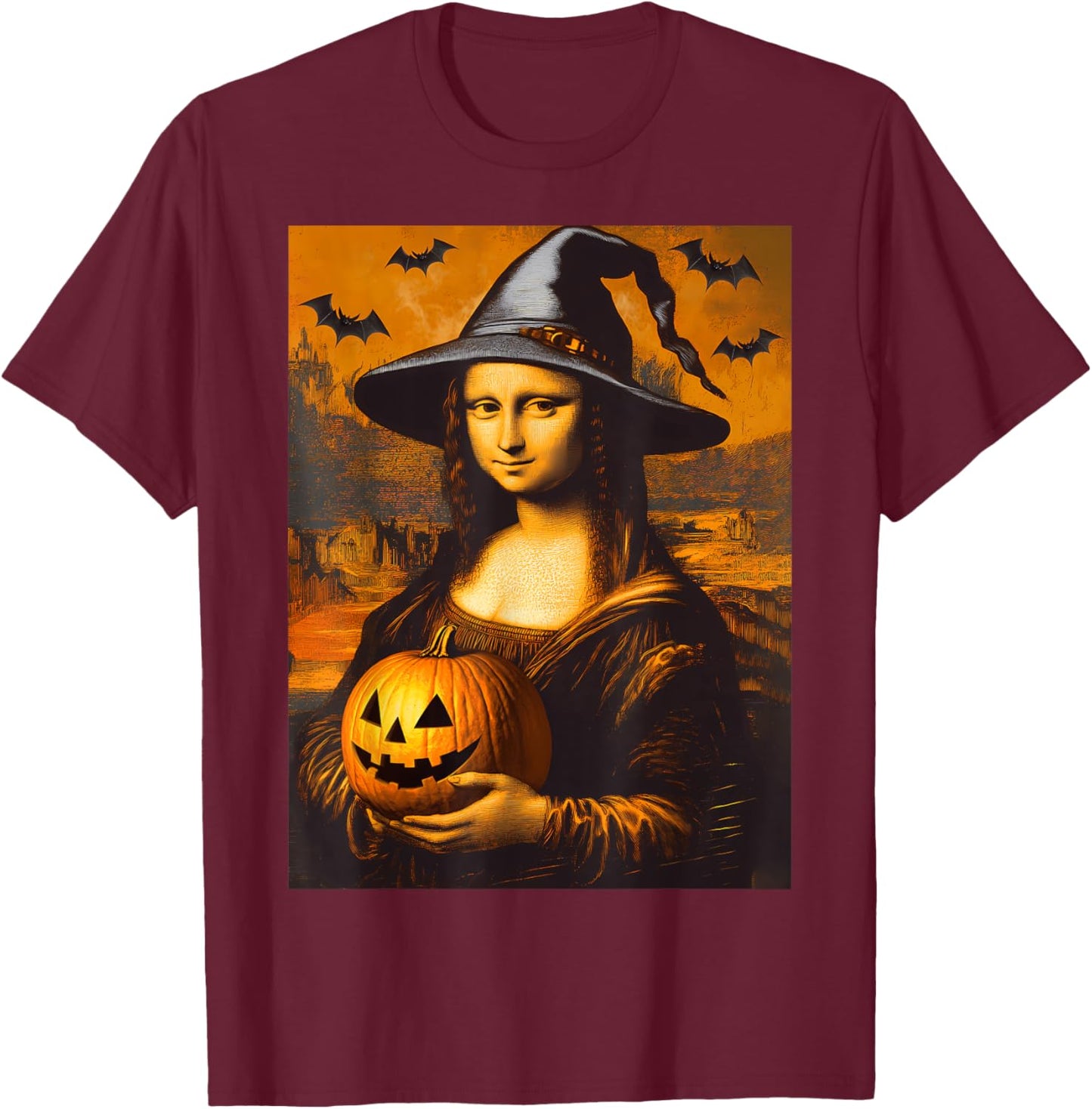 Scary Halloween Horror Mona Lisa Art Spooky Pumpkin Painting T-Shirt - T-Shirt | Maroon