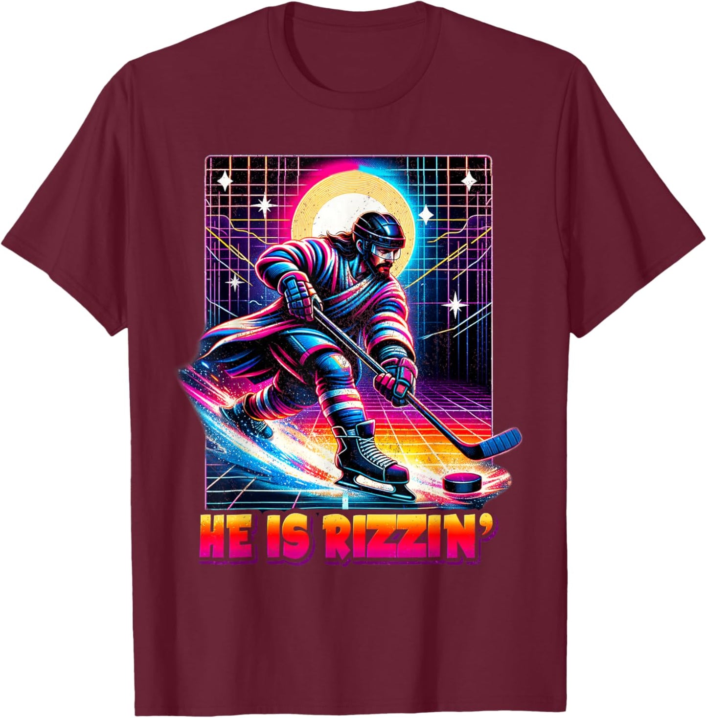 He is Rizzin Christian Ice Hockey Lover Jesus Meme Religious T-Shirt - T-Shirt | Maroon