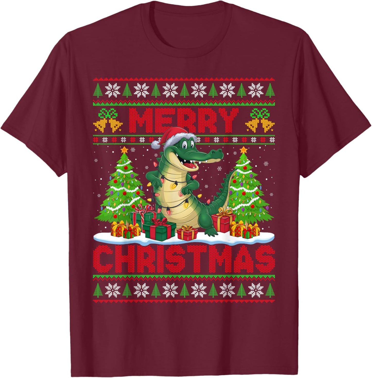 Xmas Tree Ugly Style Santa Hat Alligator Christmas T-Shirt - T-Shirt | Maroon