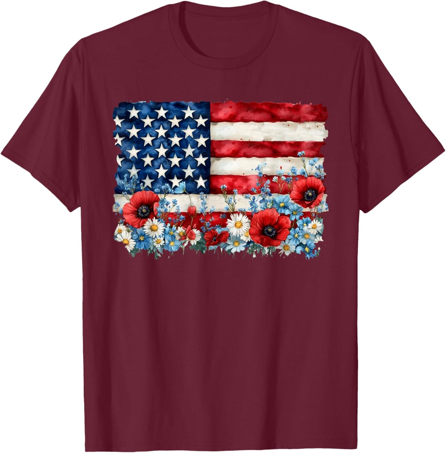 Retro Flower American Flag Women 4th Of July Patriotic T-Shirt - T-Shirt | Maroon