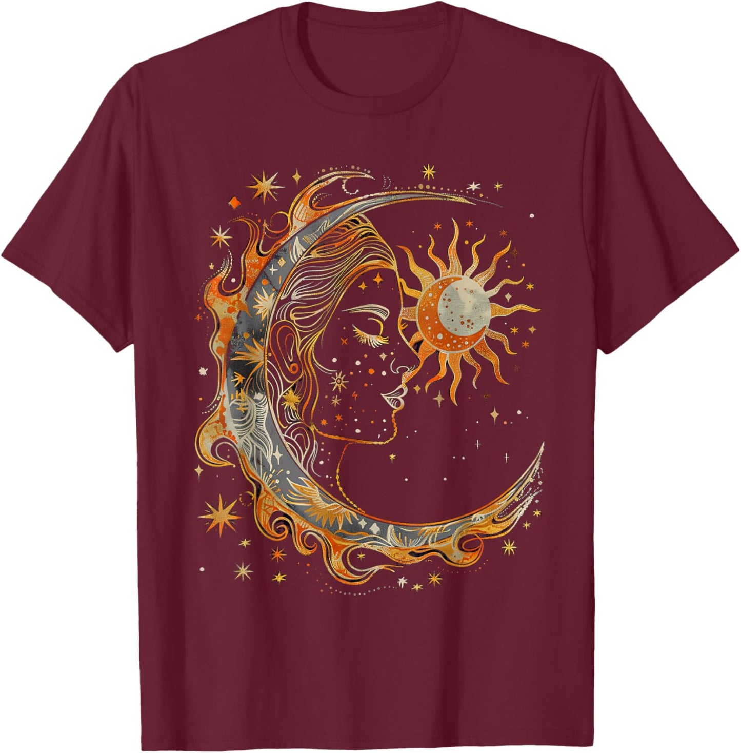 Mystic Sun and Moon Woman Mystical Flowers Aesthetic T-Shirt - T-Shirt | Maroon