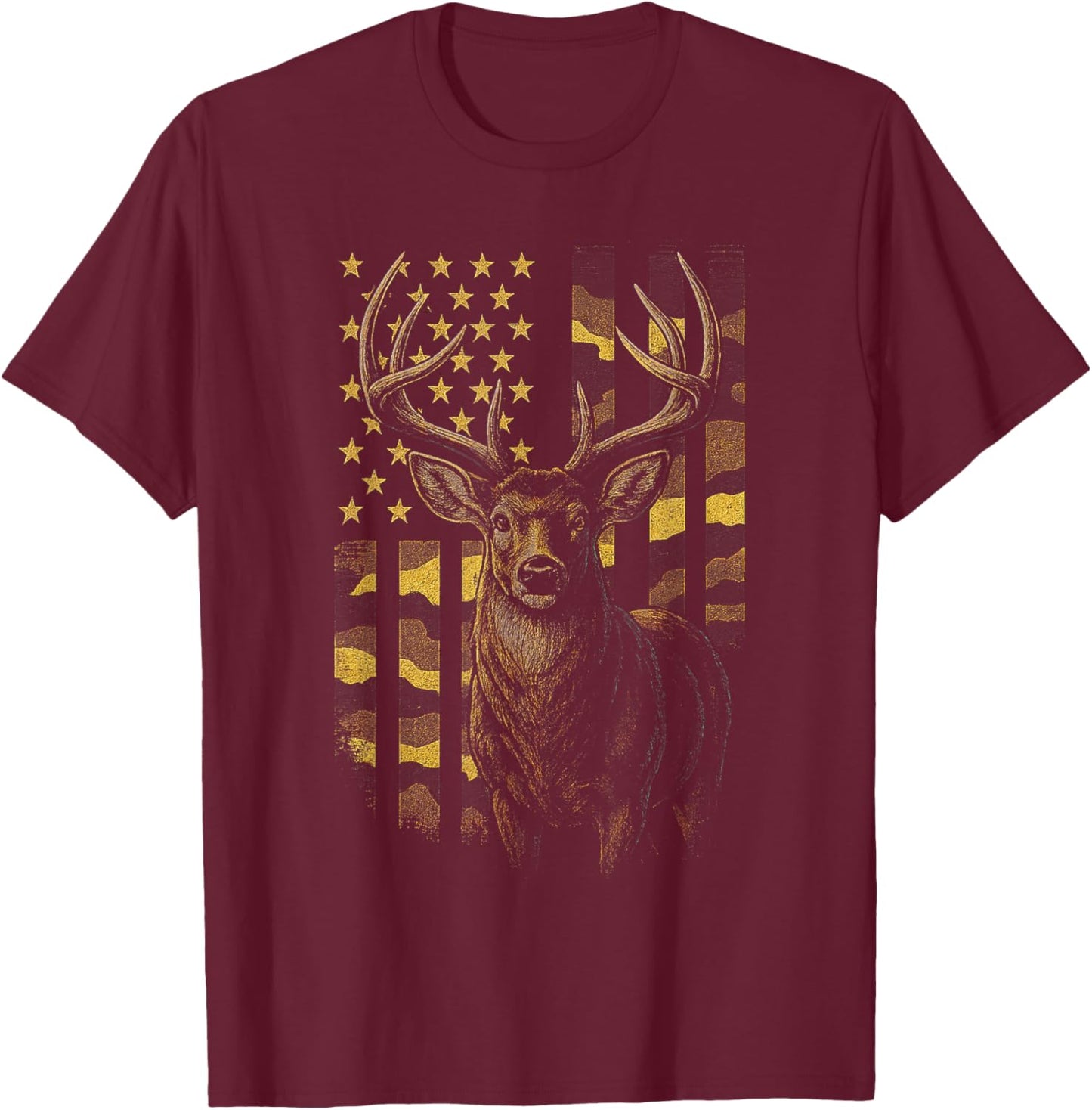 Majestic Deer Stars Woodland Stag Rugged Outdoor Stripes T-Shirt - T-Shirt | Maroon
