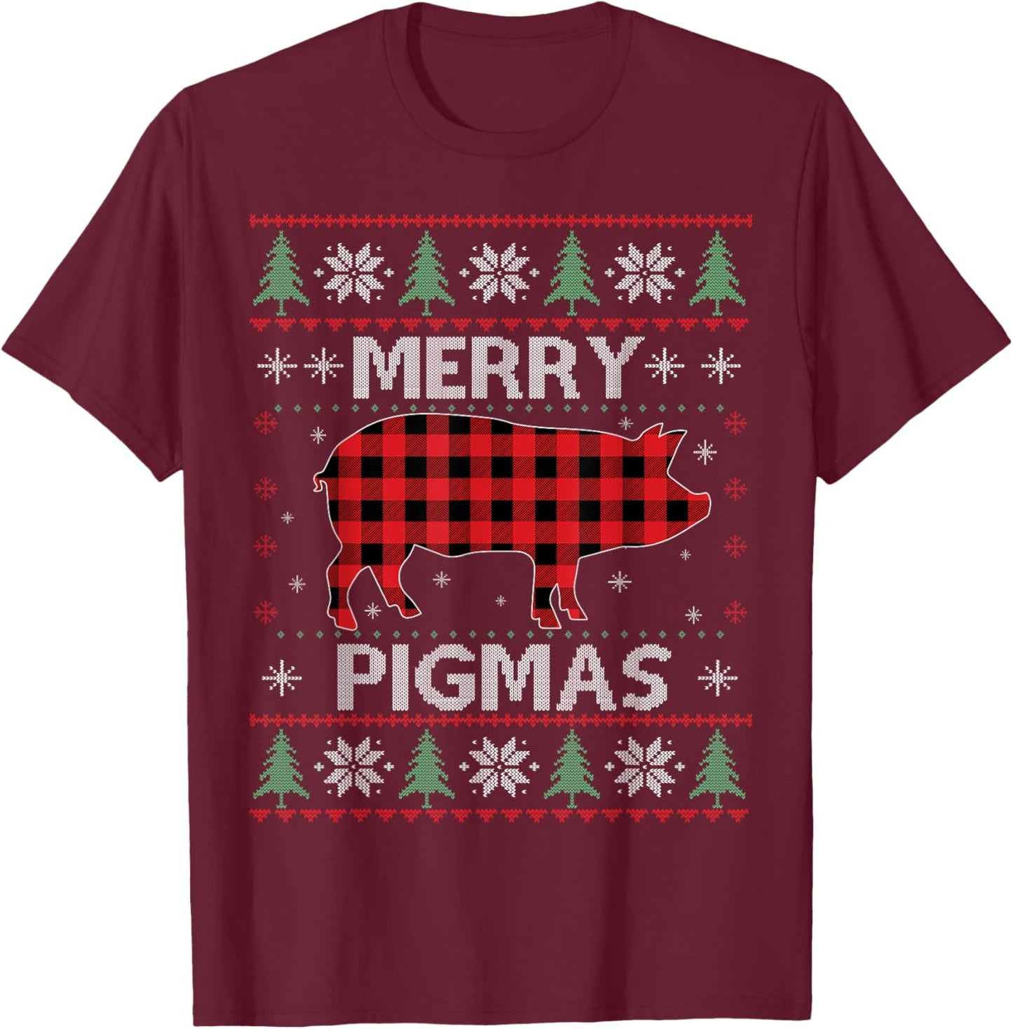 Merry Pigmas Pig Red Plaid Ugly Sweater Xmas Funny T-Shirt - T-Shirt | Maroon
