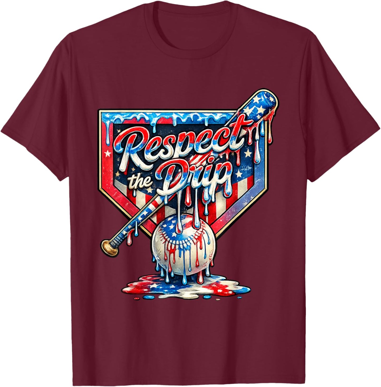 Baseball Life Style Drip Ice Cream American US Flag T-Shirt - T-Shirt | Maroon
