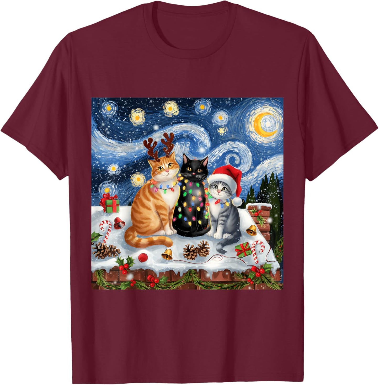 Christmas Van Gogh Starry Night Black Cat Santa Funny Xmas T-Shirt - T-Shirt | Maroon