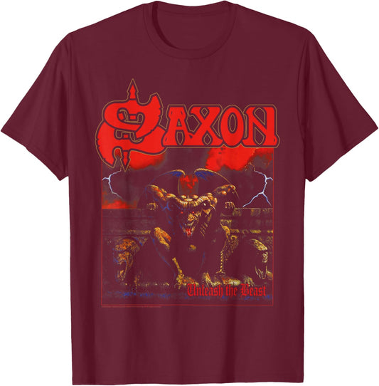 Official Saxon Unleash The Beast Heavy Metal Band Retro T-Shirt - T-Shirt | Maroon