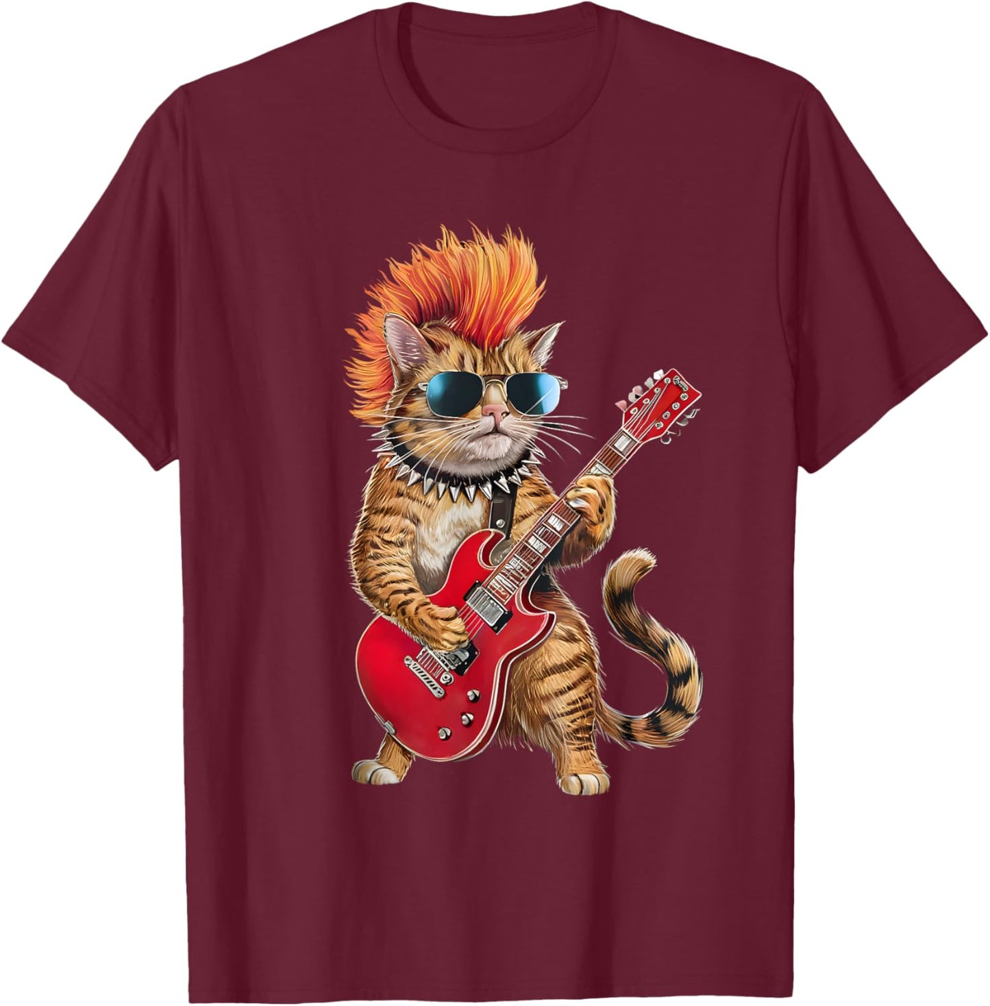 Cute Punk Cat Rock'n Roll Goth Cat Guitar Band Funny Women Kids T-Shirt - T-Shirt | Maroon