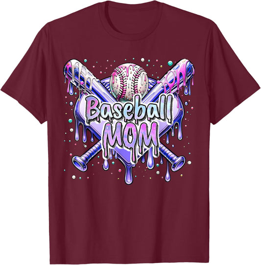 Baseball Mom Bat Ball Base Drip Themed Sports Mother's Day T-Shirt - T-Shirt | Maroon
