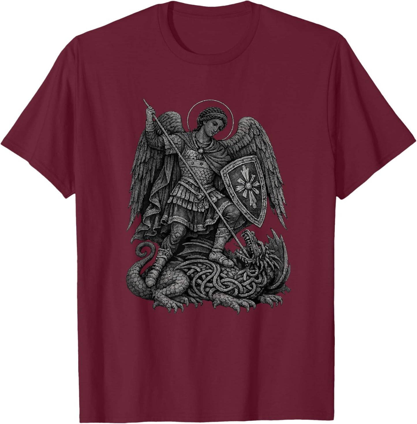St. Michael Defeating the Dragon Catholic Christian Grunge T-Shirt - T-Shirt | Maroon