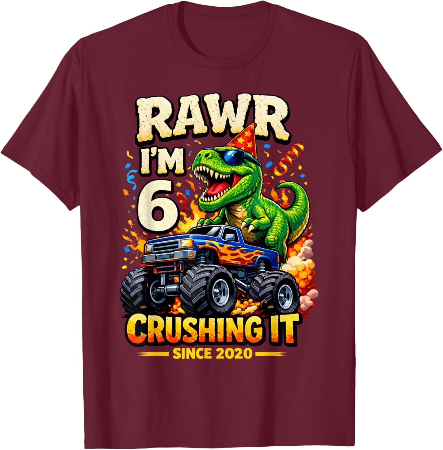 6th Birthday Monster Truck Dinosaur 6 Years Old Birthday Boy T-Shirt - T-Shirt | Maroon