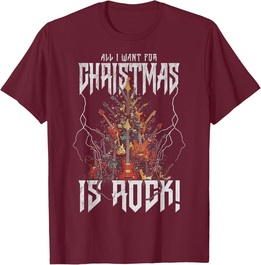Christmas Tree Rock Guitar Tree Rock n Roll T-Shirt - T-Shirt | Maroon