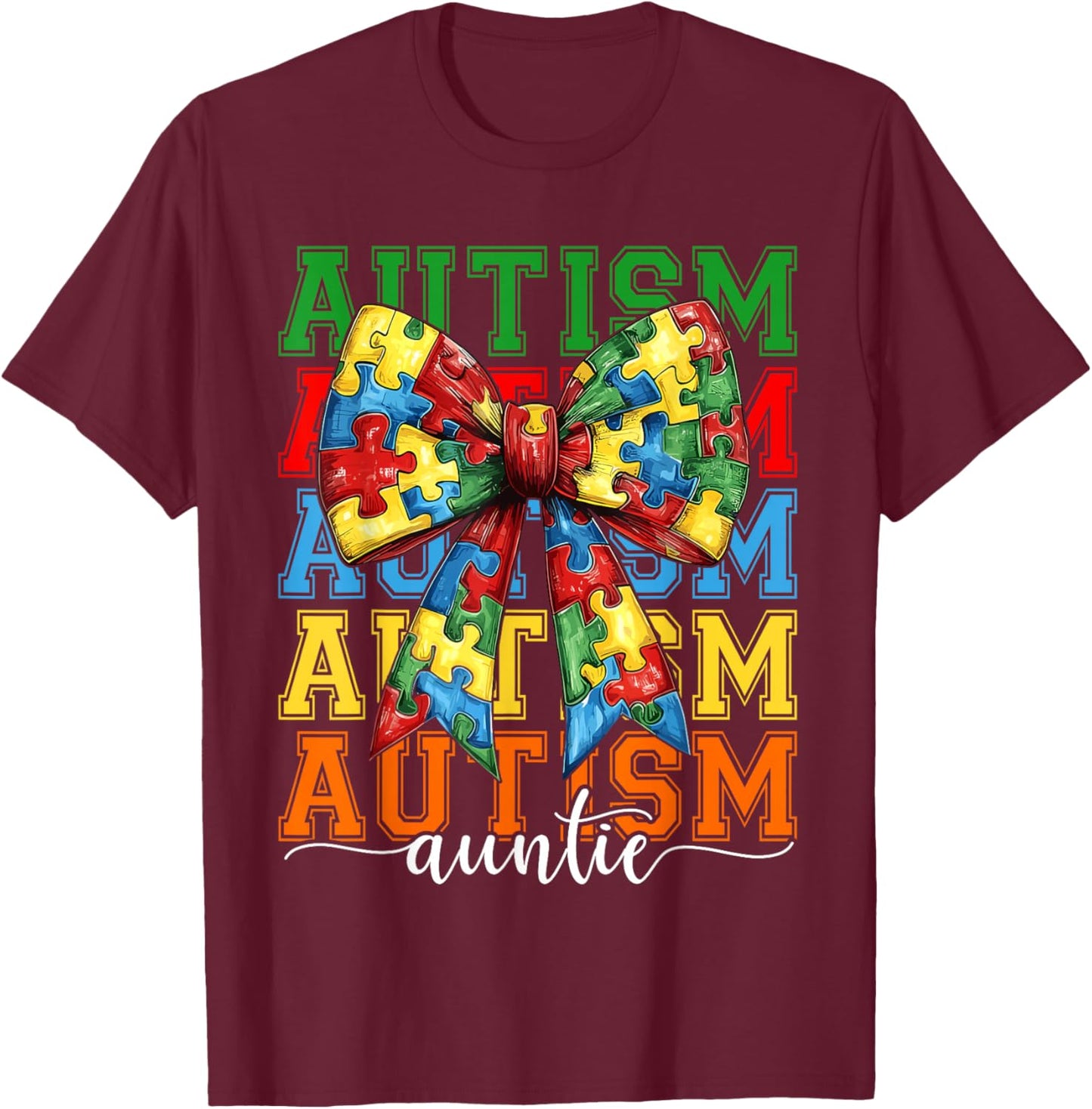 Autism Auntie Heart Coquette Bow Autism Awareness Aunt T-Shirt - T-Shirt | Maroon