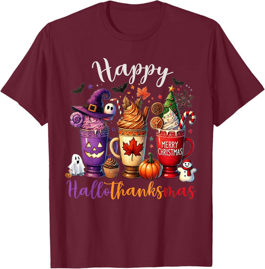 Happy Hallothanksmas Coffee Lover Halloween Merry Christmas T-Shirt - T-Shirt | Maroon