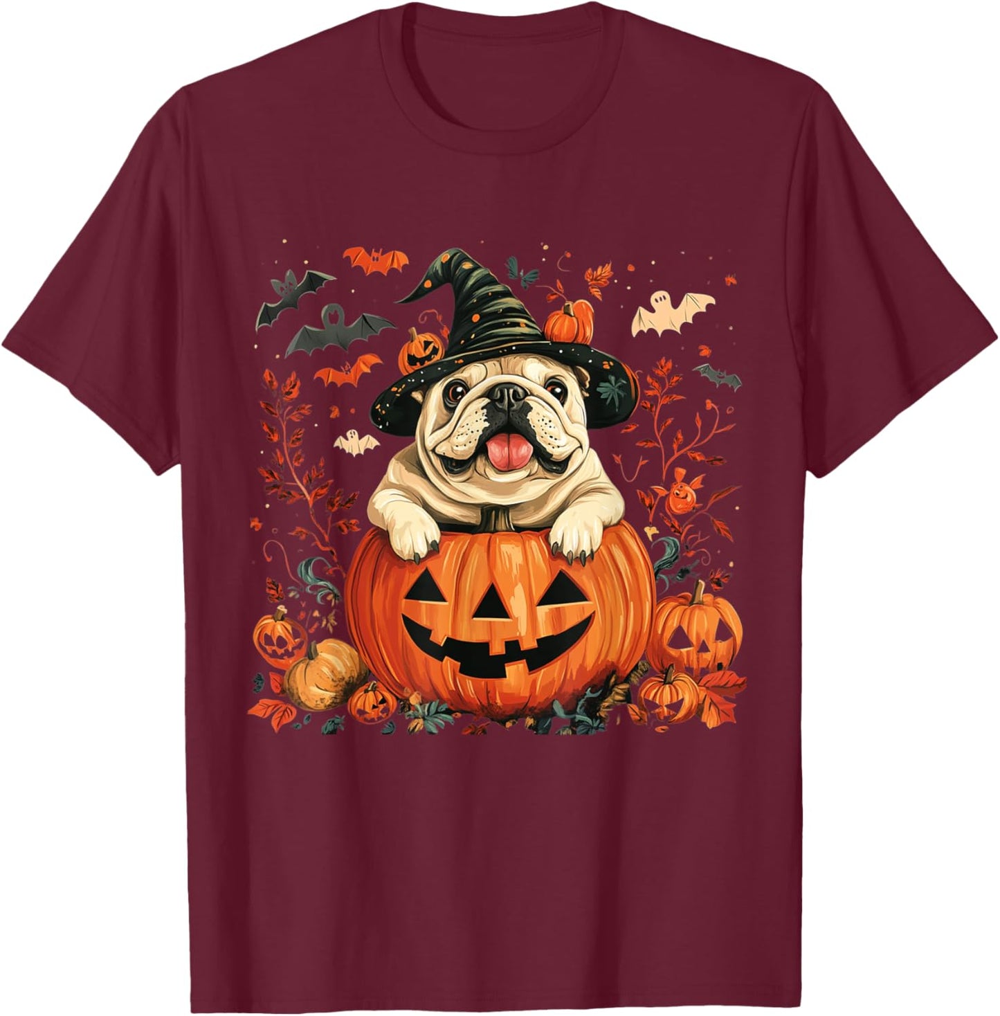 English Bulldog Pumpkin Halloween Thanksgiving Men Women Dog T-Shirt - T-Shirt | Maroon
