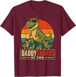Father's Day Daddysaurus Dad of Two Dinosaur Family T-Shirt - T-Shirt | Maroon