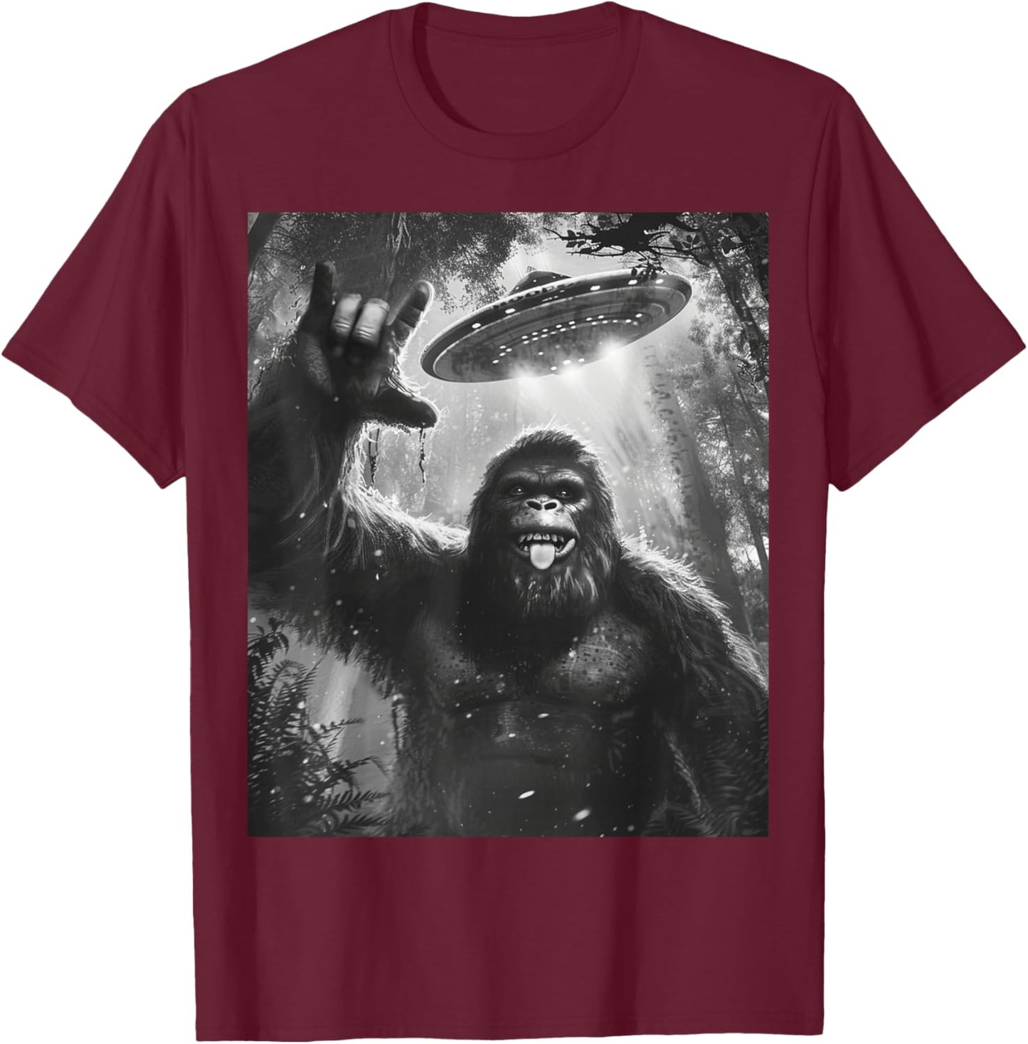 Funny Sasquatch Bigfoot Rock On Selfie with UFO Alien Saucer T-Shirt - T-Shirt | Maroon