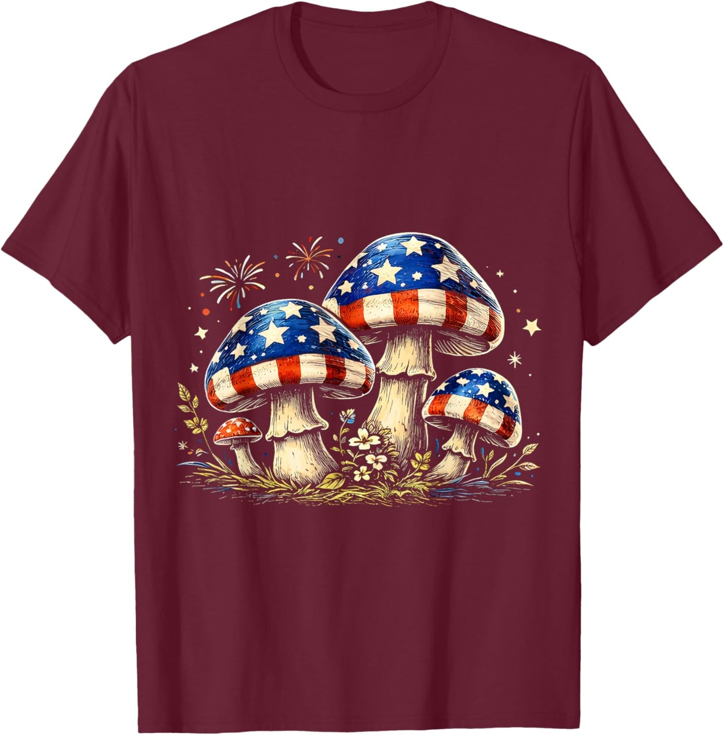 Fourth of July Patriotic American Flag Mushrooms T-Shirt - T-Shirt | Maroon