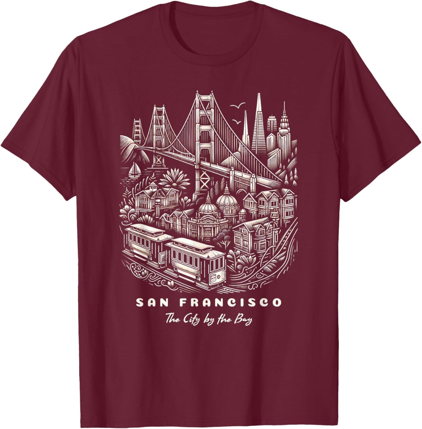 San Francisco SF Bay Area California Skyline and Golden Gate T-Shirt - T-Shirt | Maroon