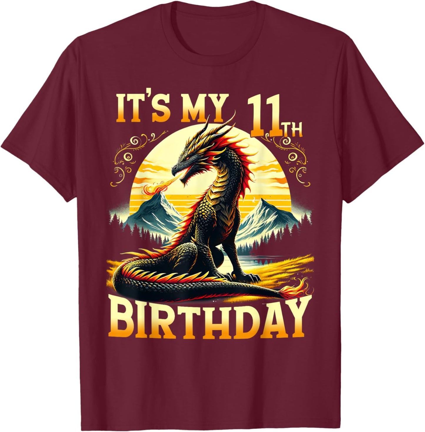 It's My 11th Birthday Dragon 11 Birthday 11 Year Old Boy T-Shirt - T-Shirt | Maroon