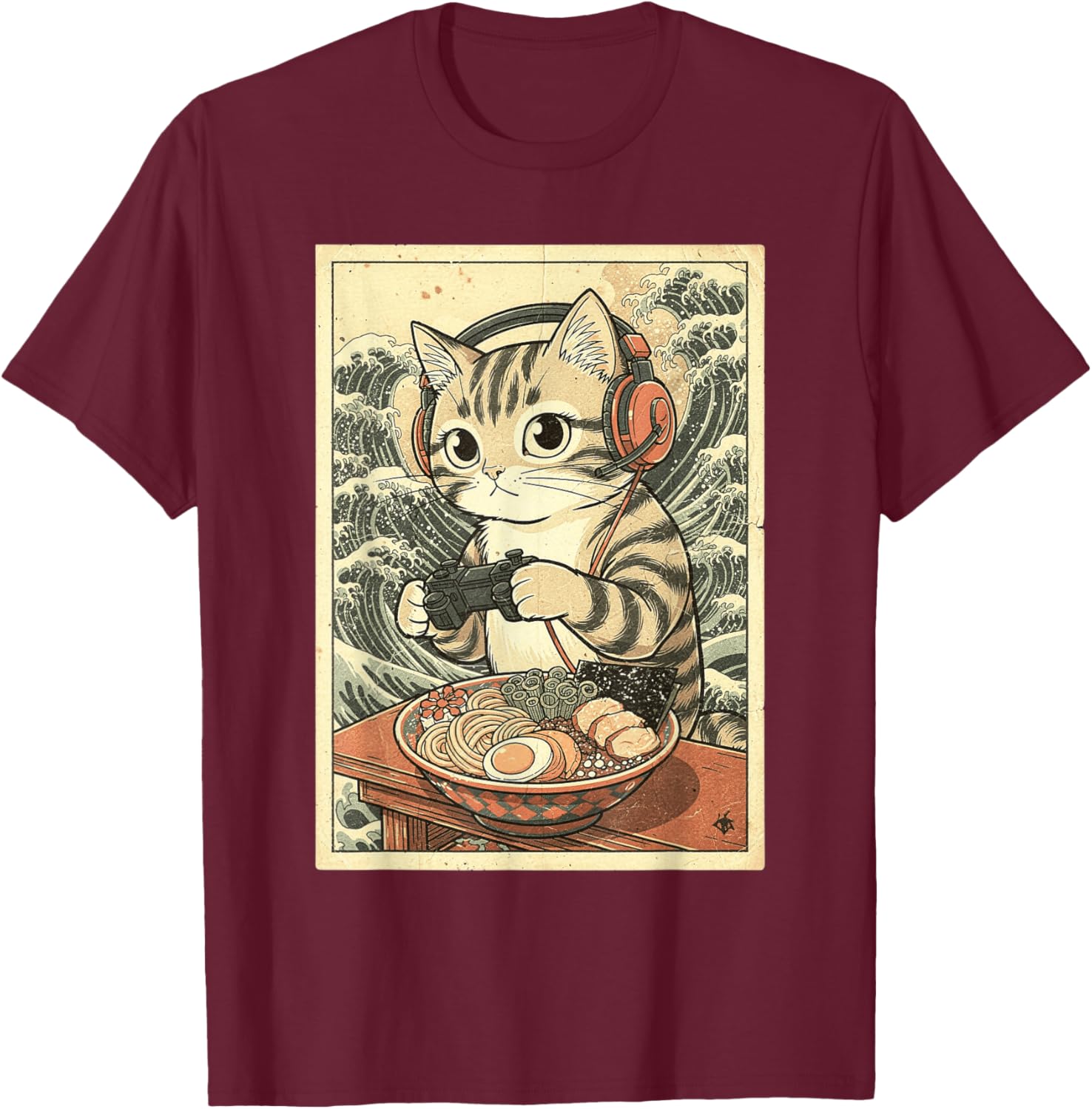 Cute Kawaii Gamer Cat Funny Ramen Retro Japanese Cat Gaming T-Shirt - T-Shirt | Maroon