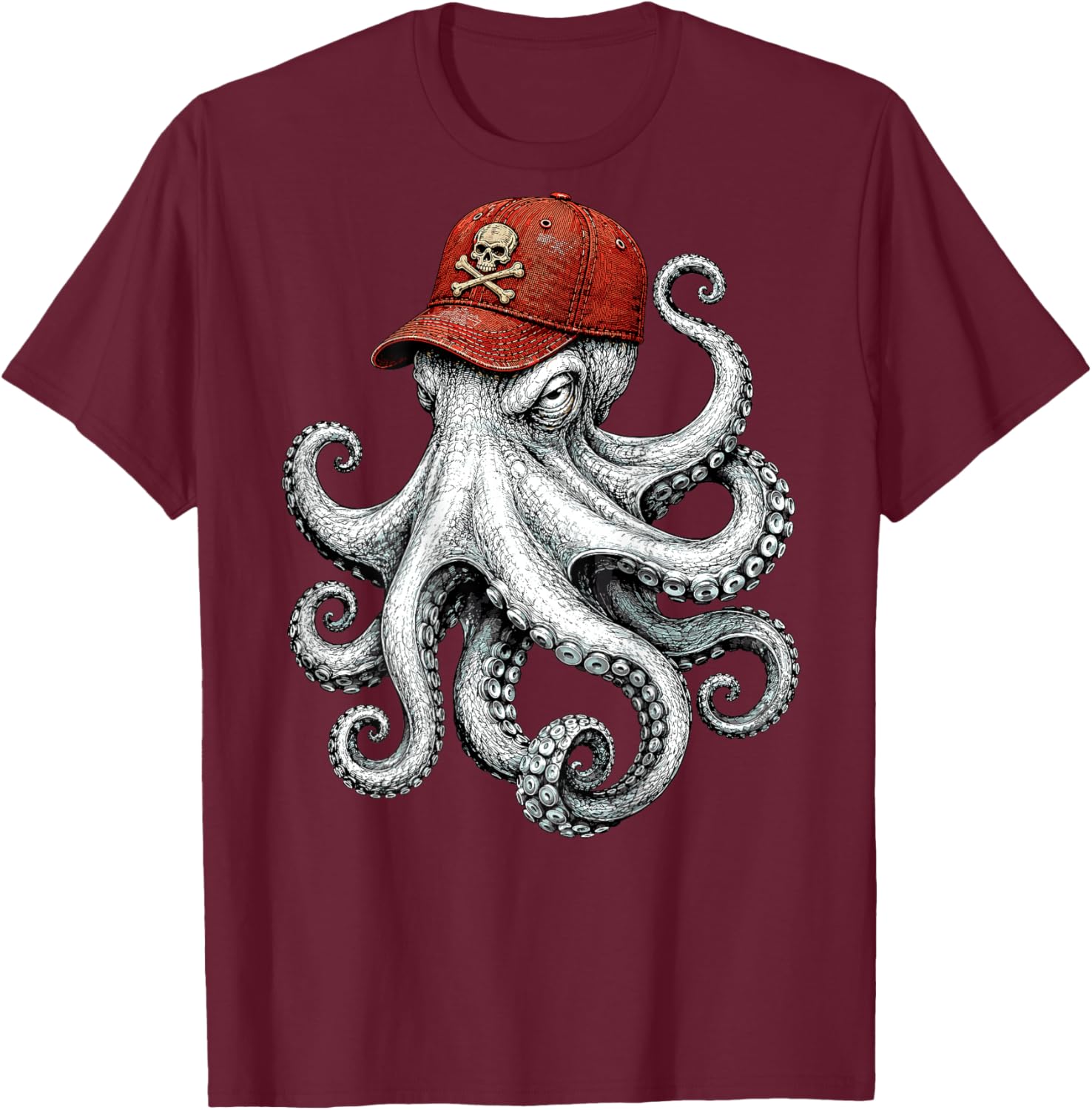 On Back Octopus with Skull and Crossbones Cap Pirate Octopus T-Shirt - T-Shirt | Maroon