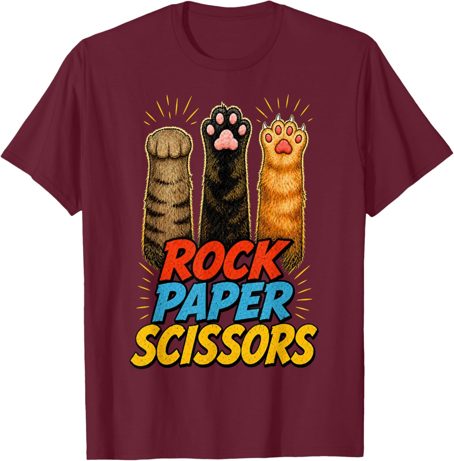 Funny Cat Paws Rock Paper Scissors Animal Rescue T-Shirt - T-Shirt | Maroon
