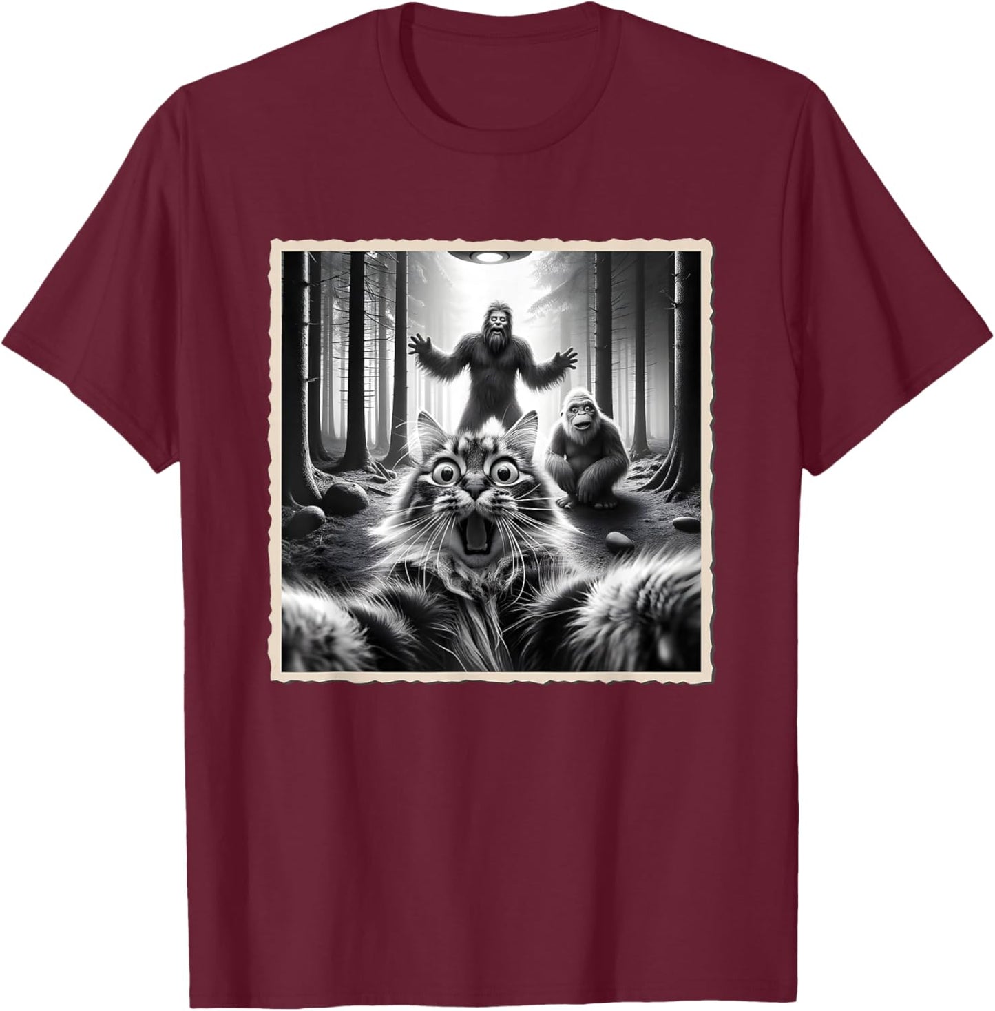 Cat Selfie With Bigfoot; Funny Sasquatch & Cat T-Shirt - T-Shirt | Maroon