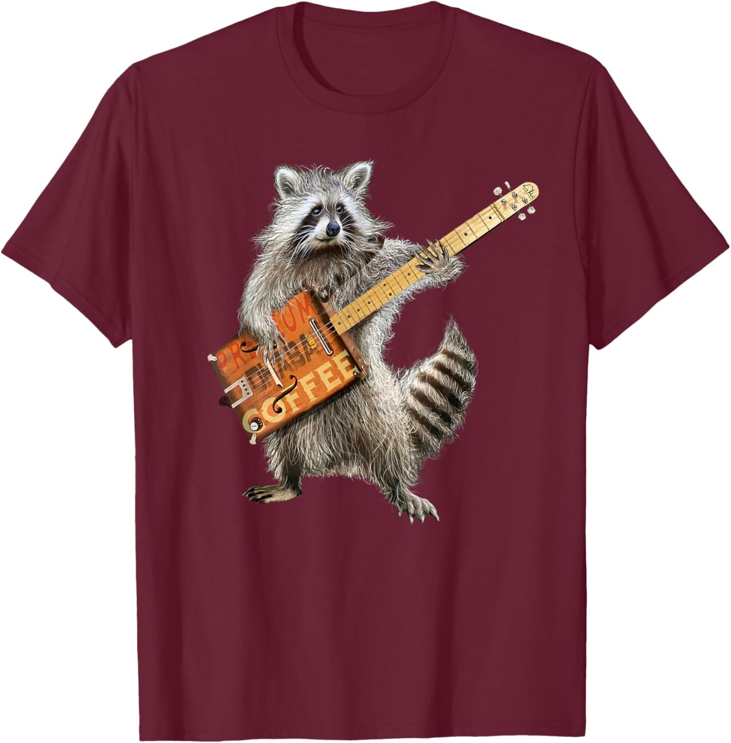 Raccoon Cute Funny Coffee Guitar Player Guitarist Animal Art T-Shirt - T-Shirt | Maroon