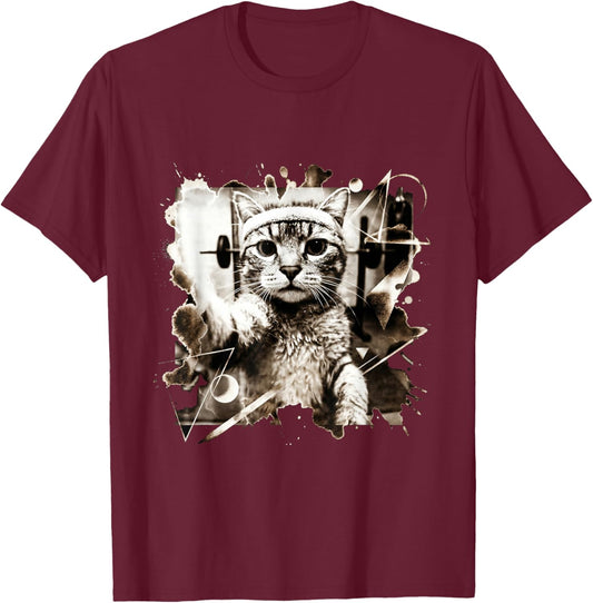 Funny Cat Selfie Gym Workout Weightlifting Cat Animal Themed T-Shirt - T-Shirt | Maroon