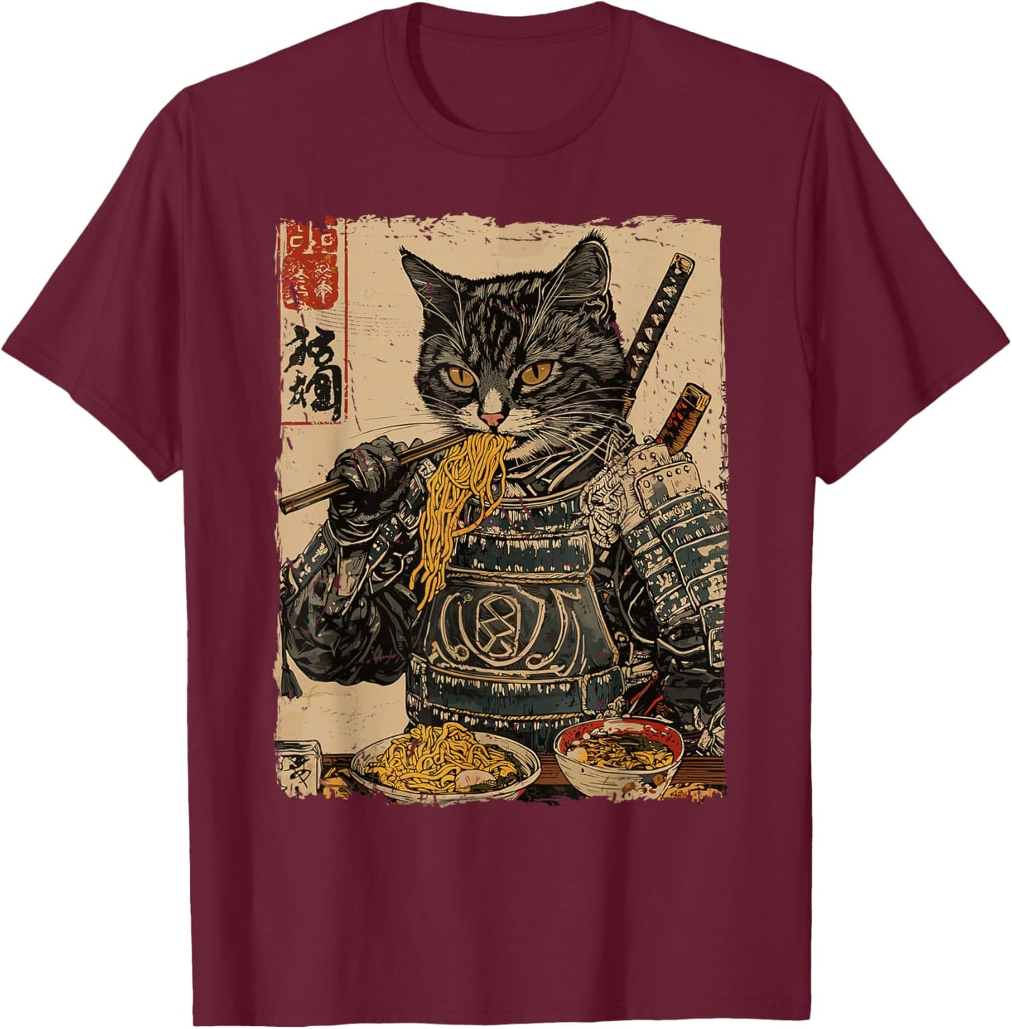 Samurai Cat Loves Ramen Funny Anime Japanese Artwork Samurai T-Shirt - T-Shirt | Maroon