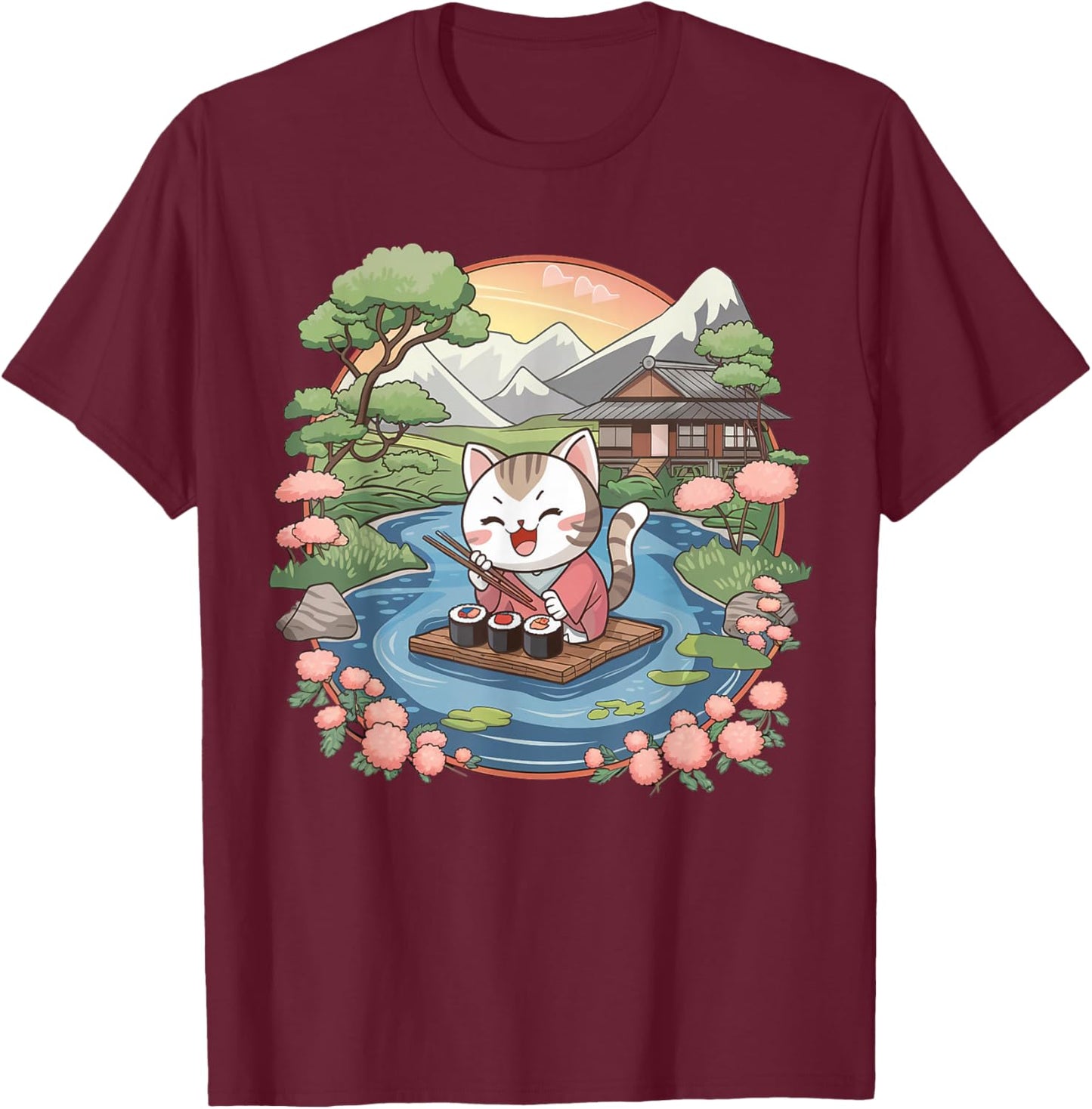 Kawaii Japanese Cat Owner Sushi Lover Anime Otaku T-Shirt - T-Shirt | Maroon