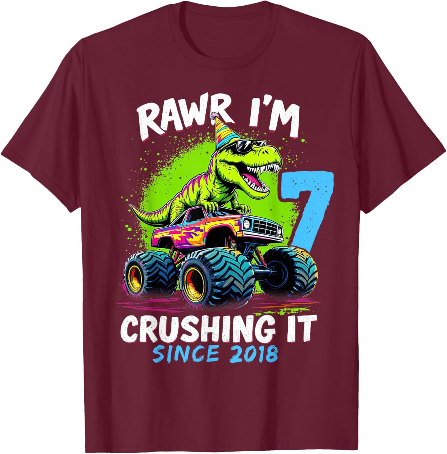 7th Birthday Monster Truck Dinosaur Party Boys Rawr I'm 7 T-Shirt - T-Shirt | Maroon
