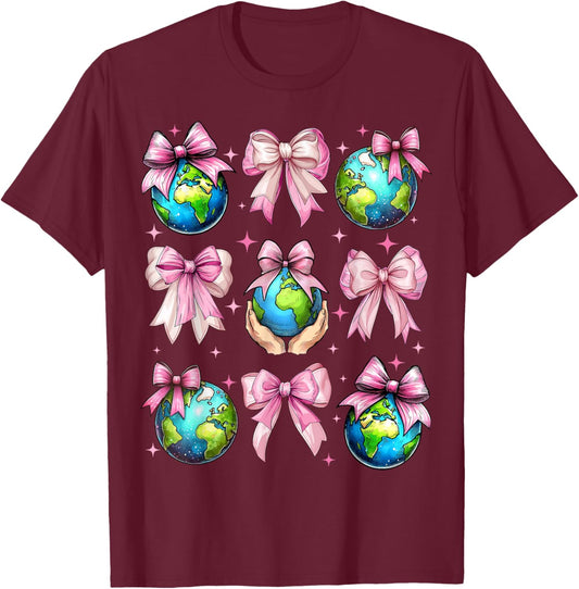 Coquette Bow Earth Day Save the Planet Earth Pink Pink T-Shirt - T-Shirt | Maroon