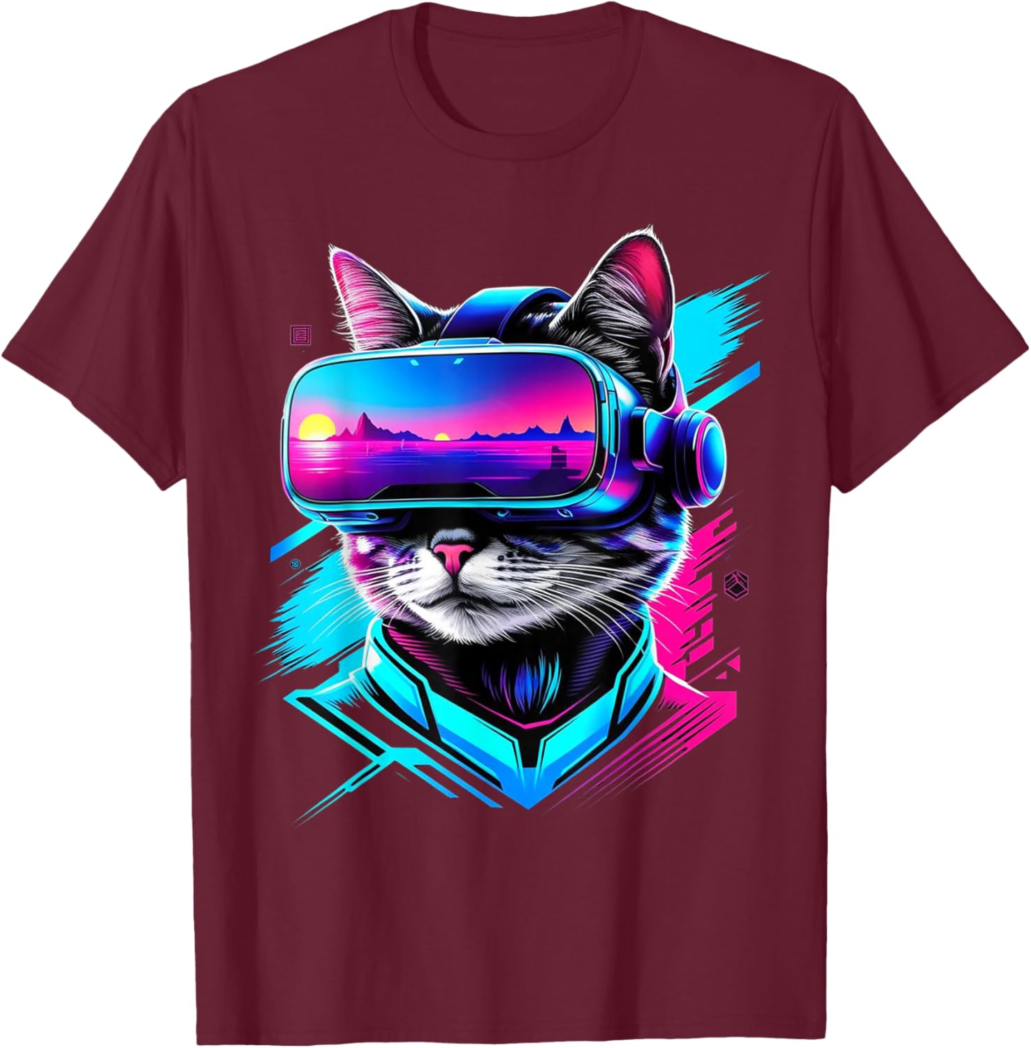 Funny VR Gamer Cat In VR Headset Virtual Reality Gaming T-Shirt - T-Shirt | Maroon