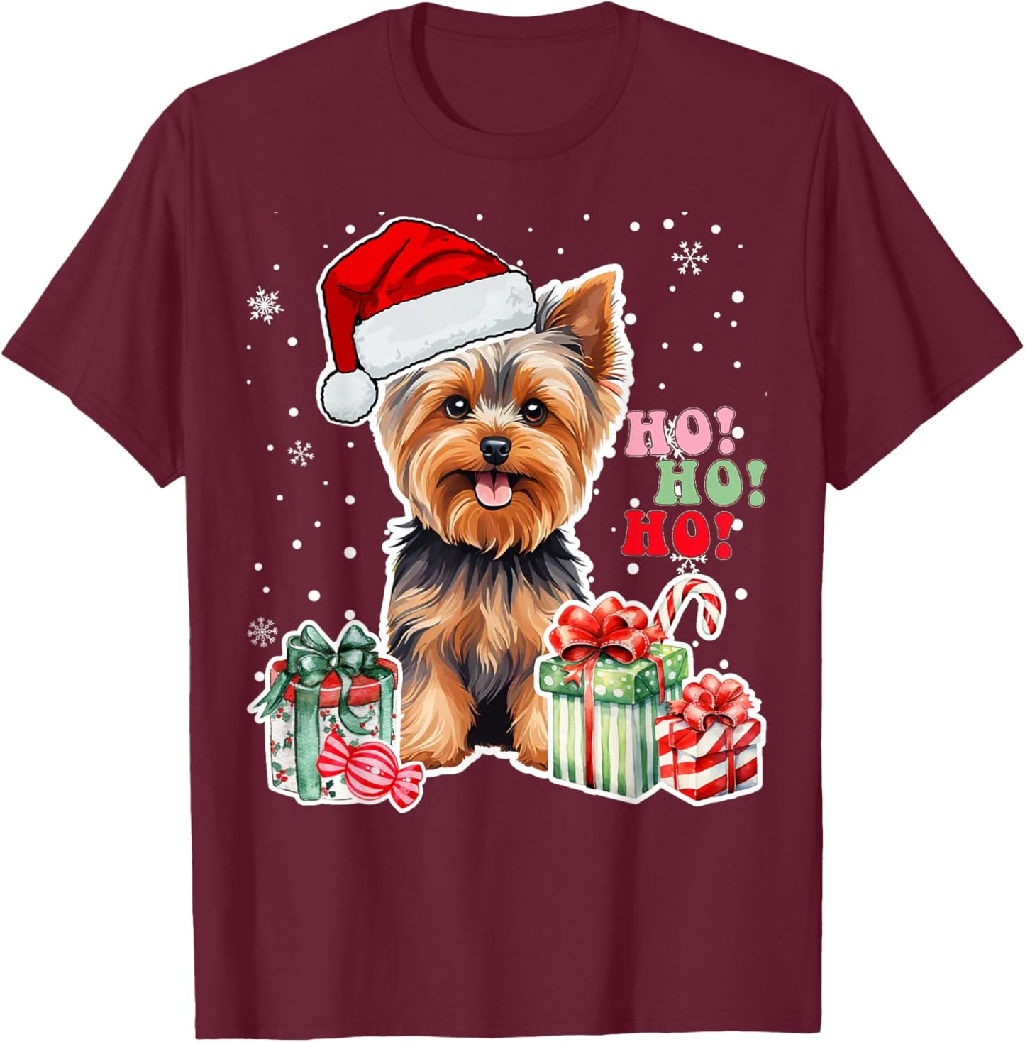 Yorkshire Terrier Christmas Yorkie Xmas Dog Santa Claus Hat T-Shirt - T-Shirt | Maroon