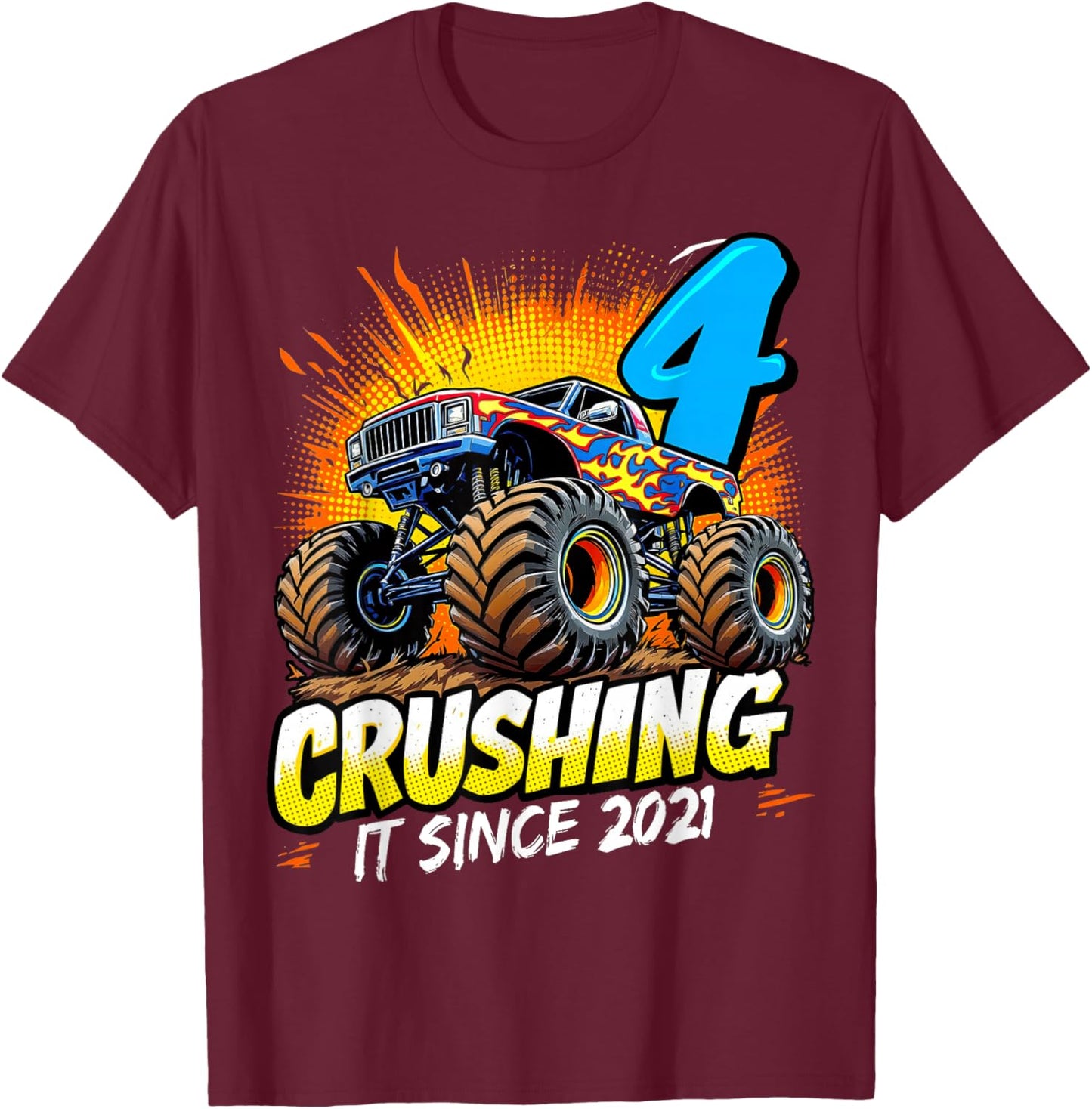 Birthday Monster Truck 4 year Old Boys 4th Party Born 2021 T-Shirt - T-Shirt | Maroon
