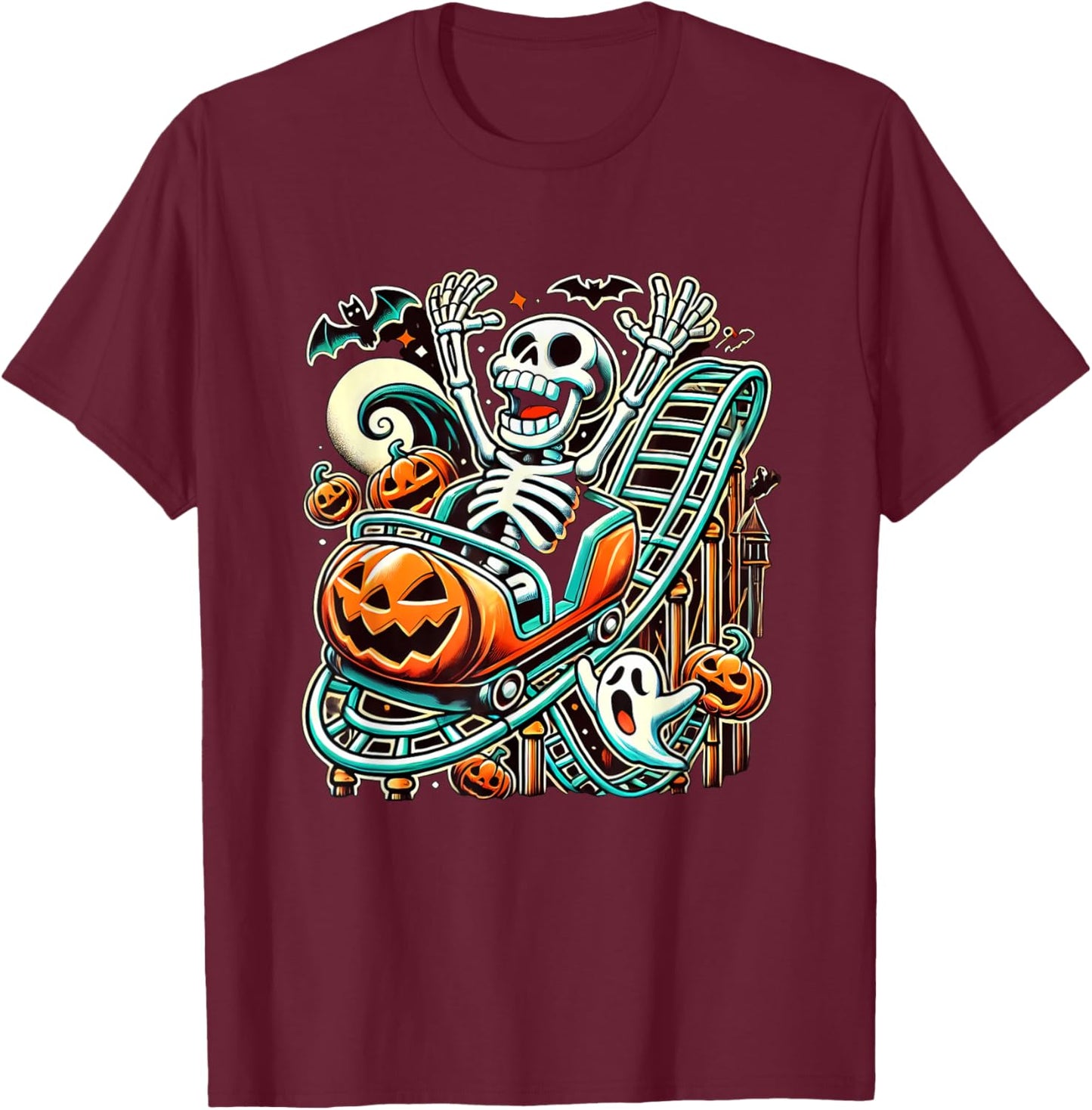 Halloween Skeleton Roller Coaster T-Shirt - T-Shirt | Maroon