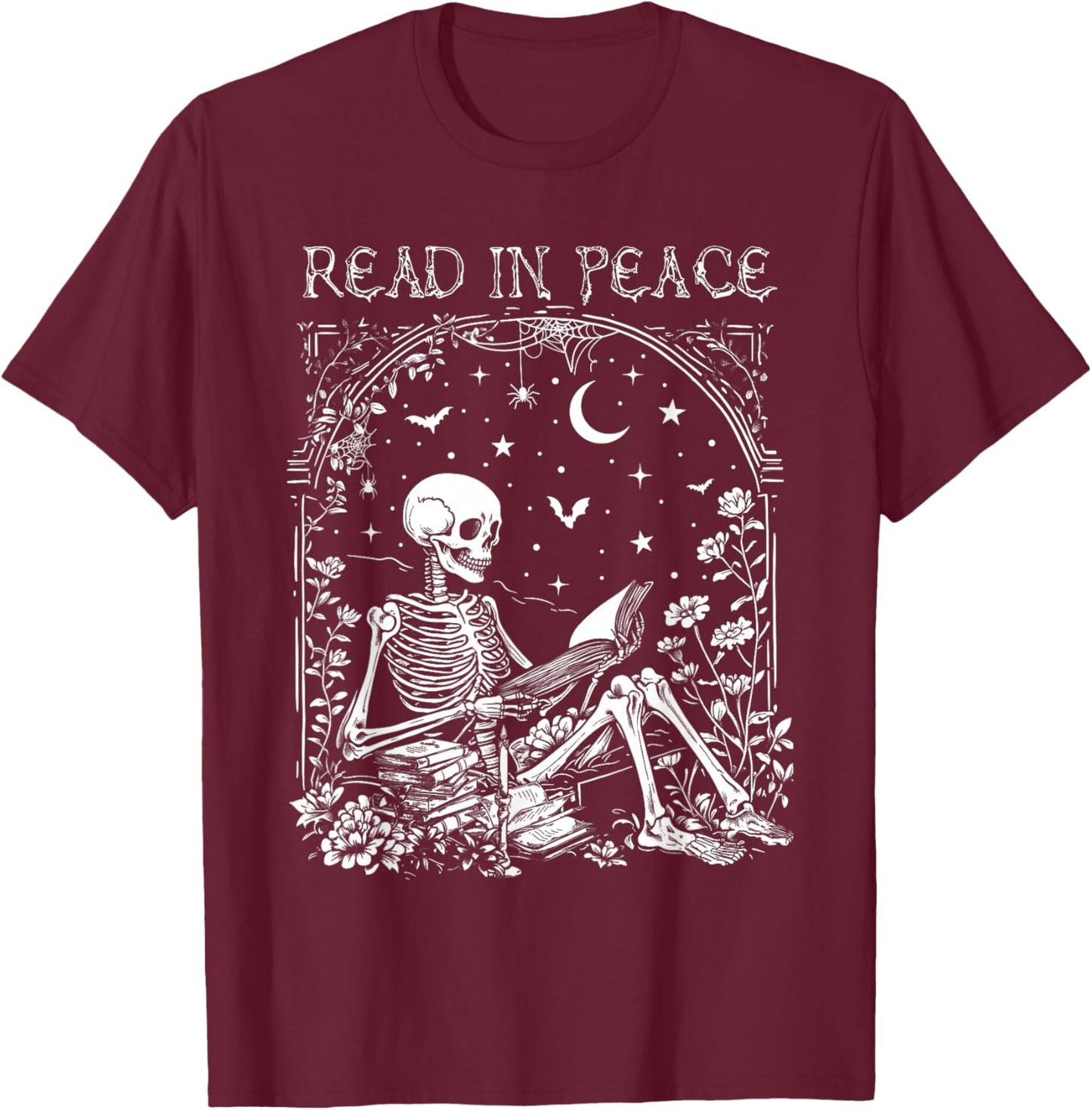 Read In Peace Skeleton Reading Teacher Spooky Halloween T-Shirt - T-Shirt | Maroon