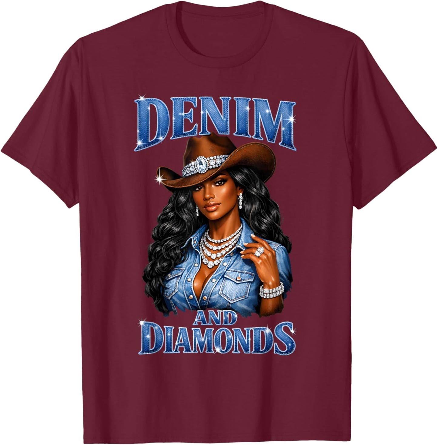 Denim and Diamonds African Melanin Cowgirls Western T-Shirt - T-Shirt | Maroon