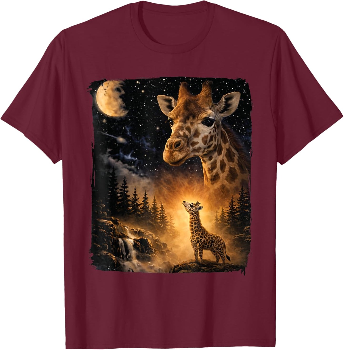 Vintage 90s Giraffe Howling at The Moon Wildlife Animals T-Shirt - T-Shirt | Maroon