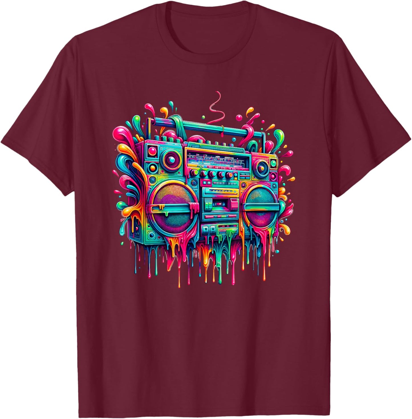Dripping Paint Boombox Old School 80s Music Hip Hop T-Shirt - T-Shirt | Maroon