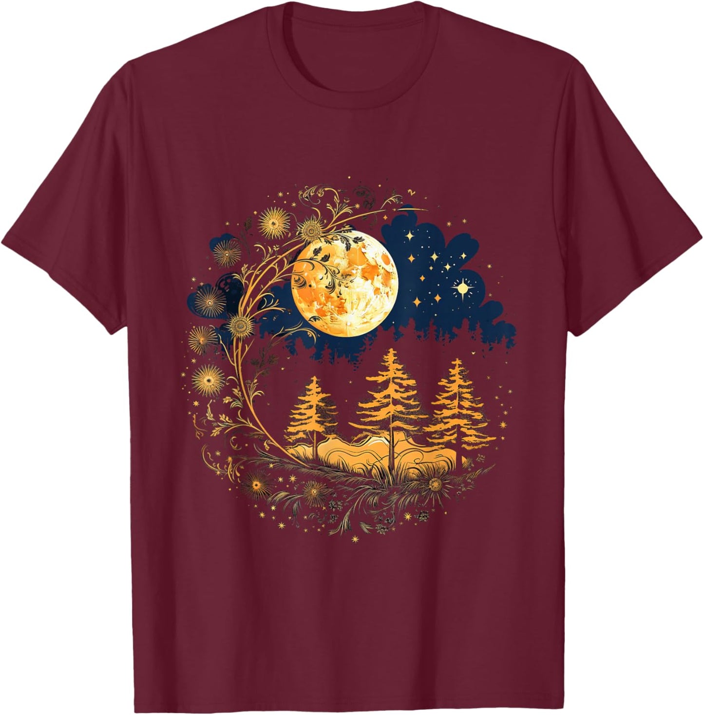 Mystical Sun and Moon with Woman Mystical Flowers Aesthetic T-Shirt - T-Shirt | Maroon