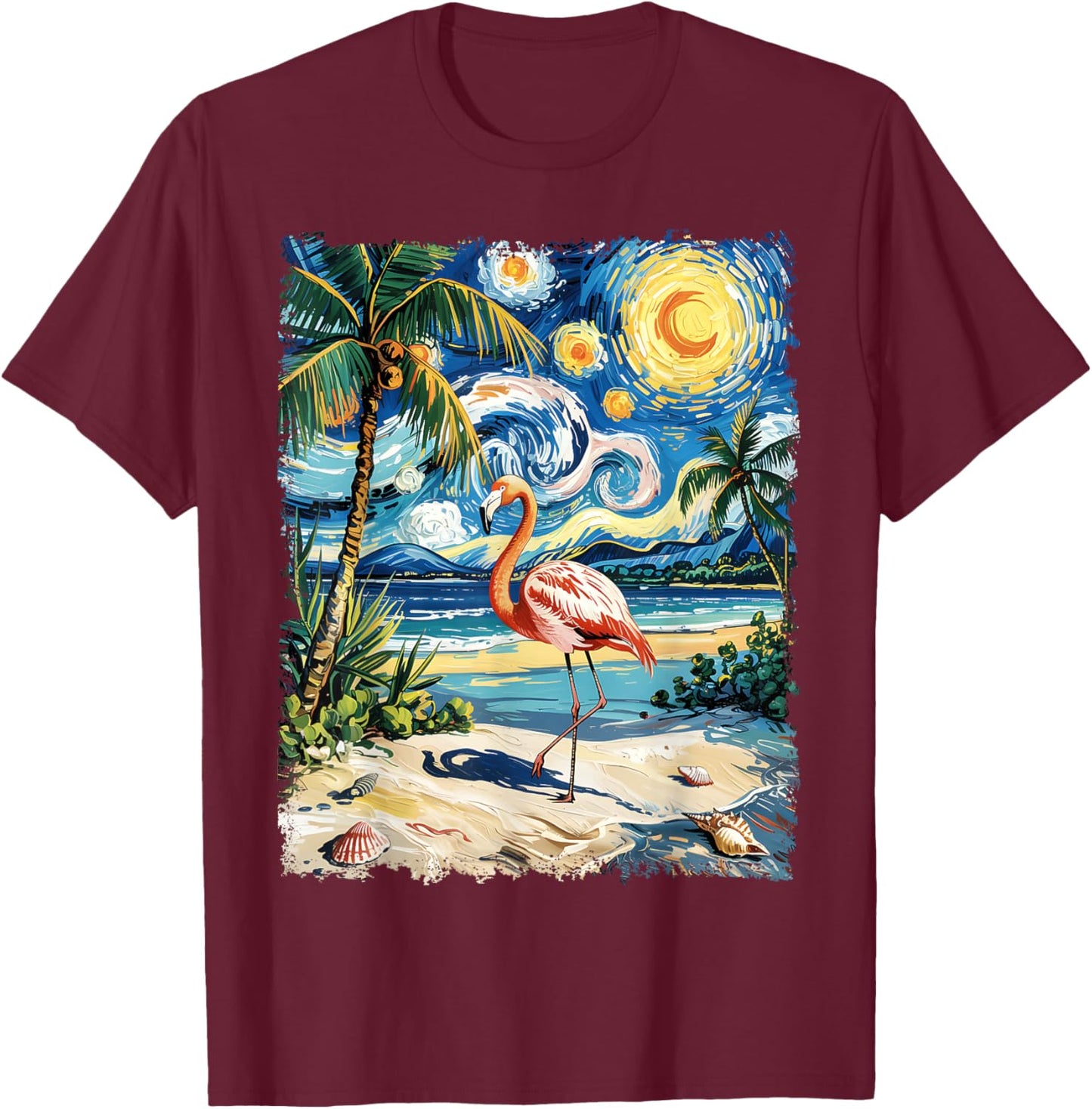 Vintage Flamingo Starry Night Summer Vacation Beach Trip T-Shirt - T-Shirt | Maroon