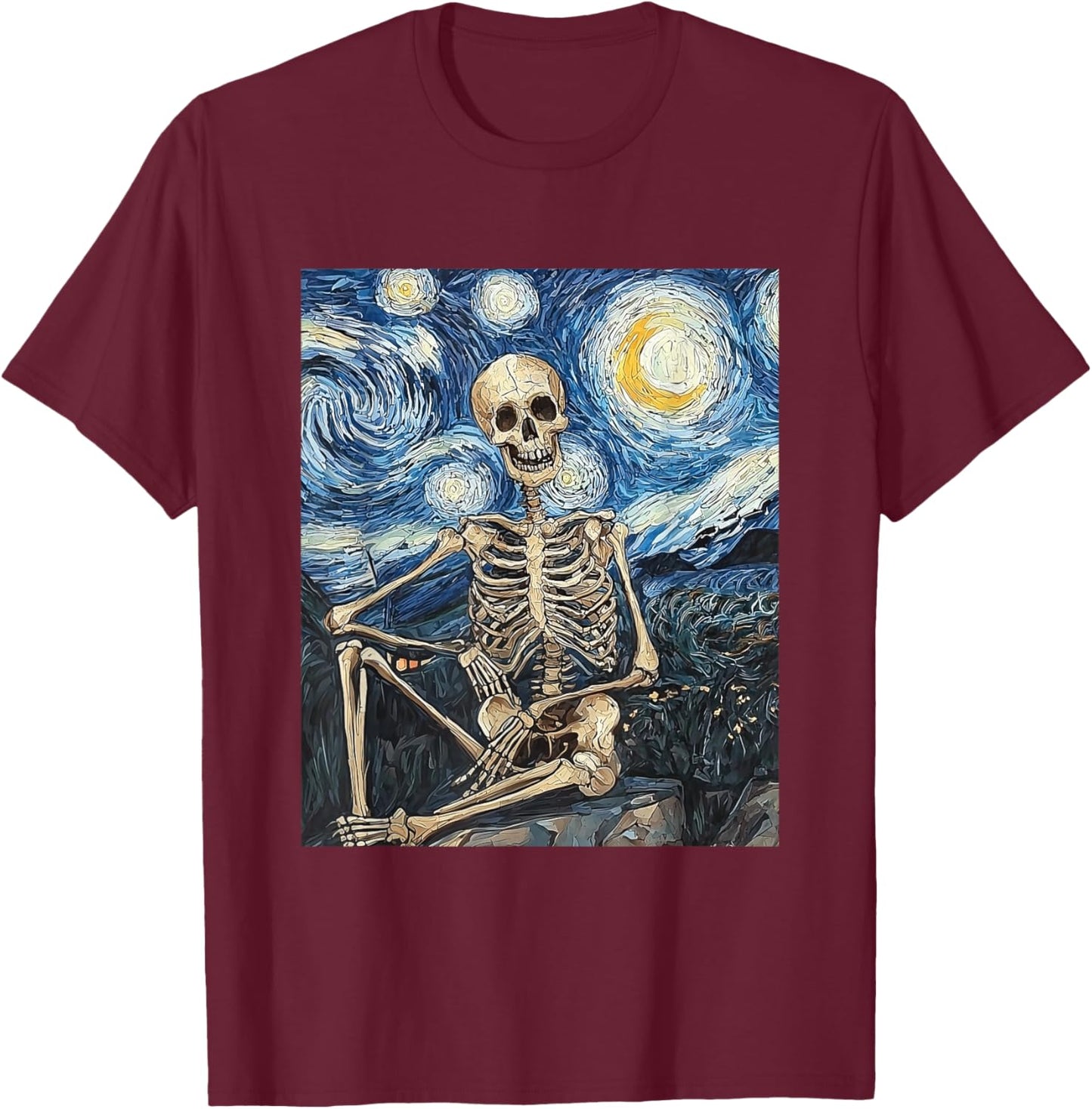 Skeleton Ghost Halloween - Van Gogh Style - Starry Night T-Shirt - T-Shirt | Maroon