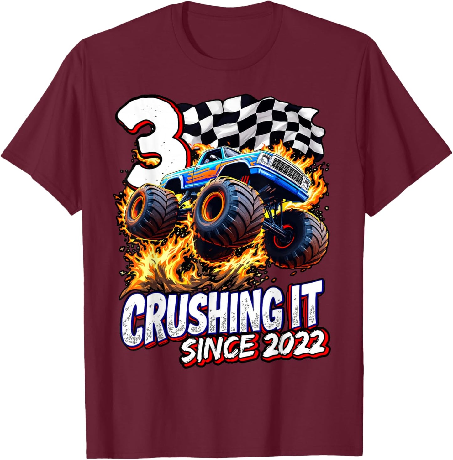 Birthday Monster Truck 3 year Old Boys 3rd Party Born 2022 T-Shirt - T-Shirt | Maroon
